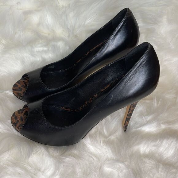 Saks Fifth Avenue Womens Black Open Toe Leopard Print Heels - Picture 2 of 8